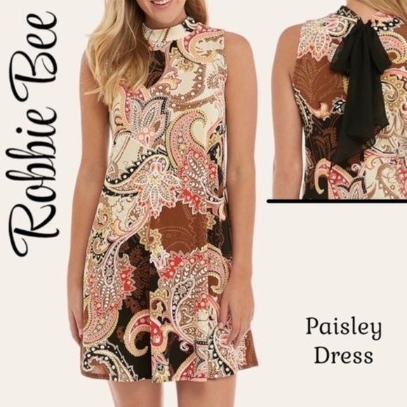 ROBBIE BEE Sleeveless Paisley Mock Neck Contrast-Back-Neck-Tie A-line Dress NWT - Picture 1 of 13
